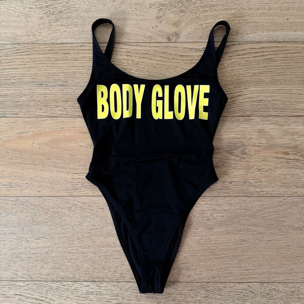 Body Glove Black One Piece Swimsuit Yellow Logo Scoop Back High Cut Women’s M